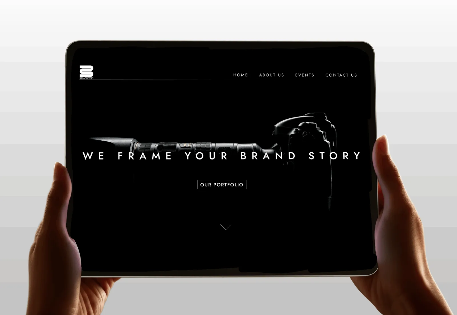 The Bellpepper Media website homepage, "We frame your brand story", shown on a tablet